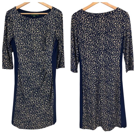 LAUREN RALPH LAUREN Women's 8 Blue Cheetah Animal Print Ruched Lined Midi‎ Dress - Picture 1 of 6